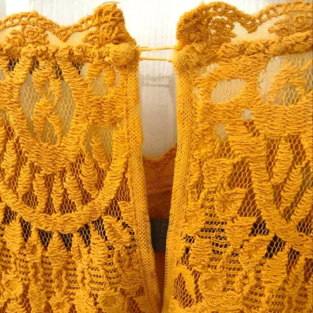 Zara Mustard Yellow Vintage Style Sheer Lace Blouse Size L